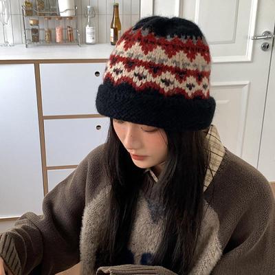 Handgefertigter ethnisch gestrickter Jacquard-Topfhut für Damen, vielseitig, warm für Herbst und Winter, kleines Krempen, verdickter Woll-Bucket-Hut