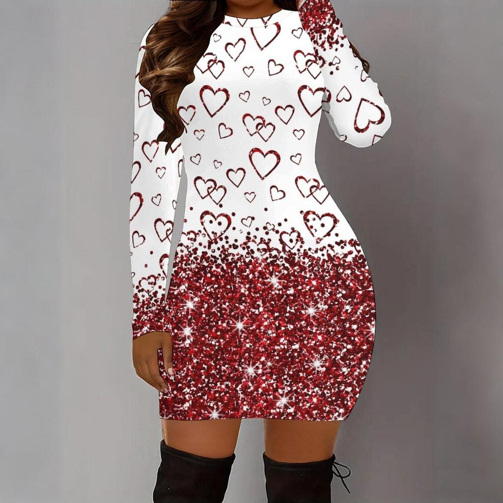 Podzim a zima 2025 Nové dámské módní šaty s 3D potiskem a barvením s motivem srdce, s dlouhým rukávem, kulatým výstřihem, obepínající boky, limitovaná edice ke Dni svatého Valentýna