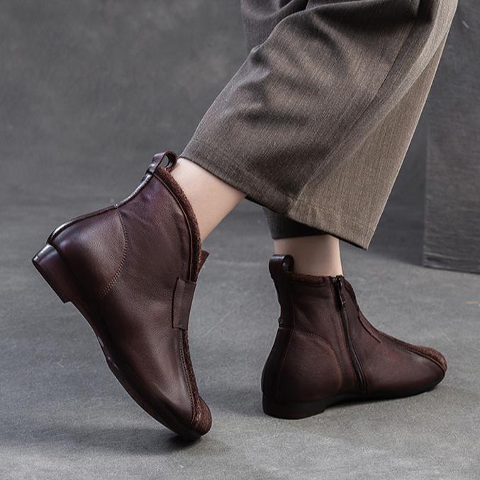 Johnature Sapatos femininos de couro legítimo, bota curta retrô confortável e de fundo plano