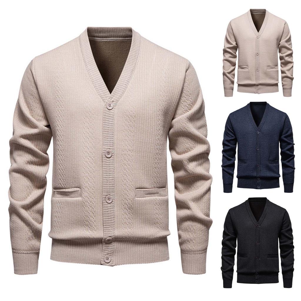 Men's Solid Color Textured Pockets Plush Thick Warm Casual V-neck Sweater Jacket