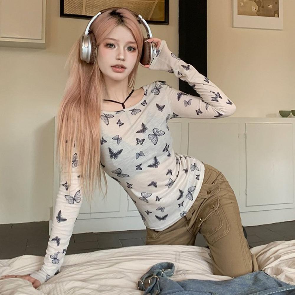 Butterfly Sun-protection Pullovers Y2k Bottoming Shirts Women American Retro Sheer Tops Women