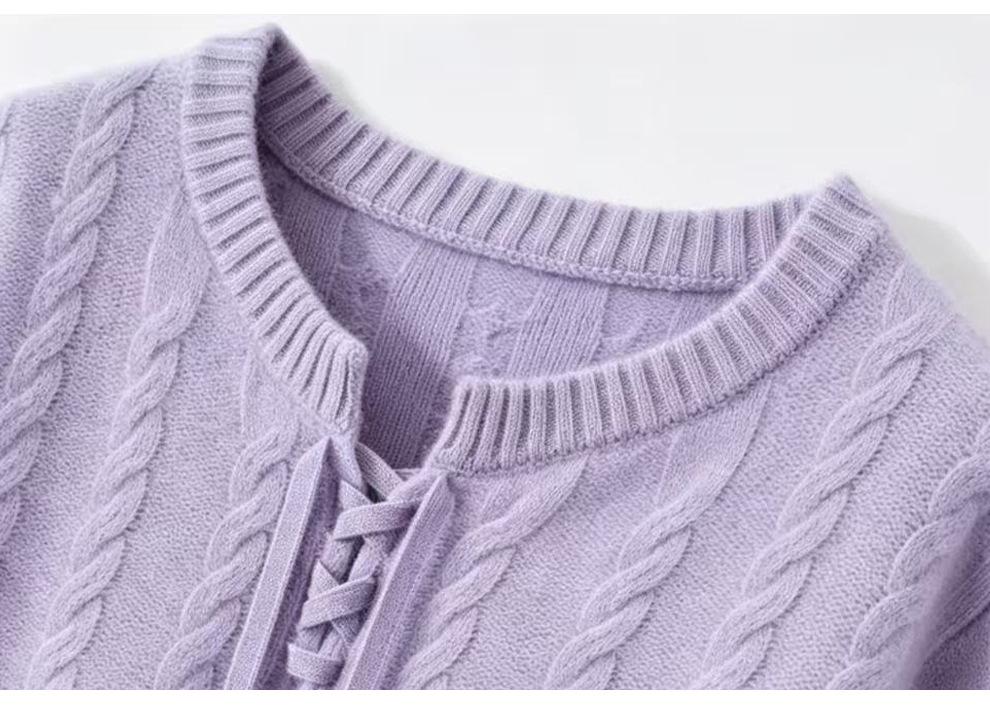 Women's Versatile Cable Knit Sweater - Loose Fit, Soft & Fluffy, Long Sleeve, Lace-Up, Round Neck for Autumn/Winter
