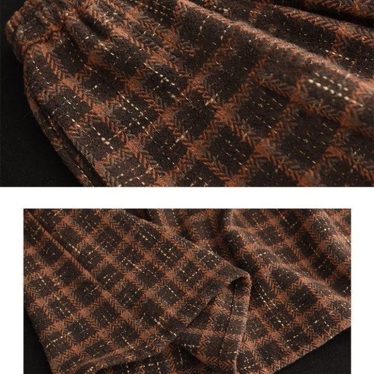 Retro Zesílená Dámská Podzimní Zimní High-End Vlněná Kostkovaná Midi Sukně Slim-Fit
