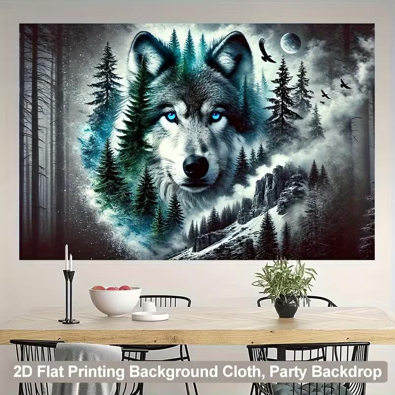2D Blue Eyed Wolf Tapestry, Moonlit Forest Mountain Wall Hanging, Scenic Wildlife Decor