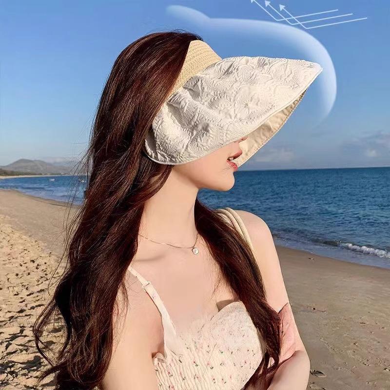Summer Sunshade Sunscreen Hat Women's UV Protection Face Cover Empty Top Sun Hat Summer Printed Large Brim Shell Hat