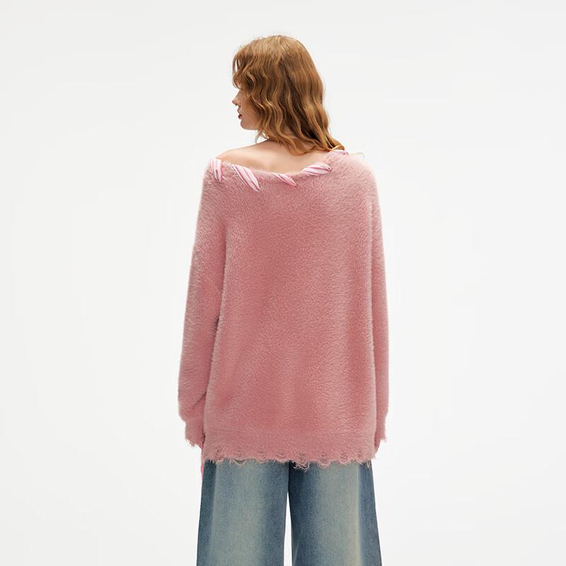 UNIFREE Pink Loose Fuzzy Off-Shoulder Sweater with Butterfly Graffiti