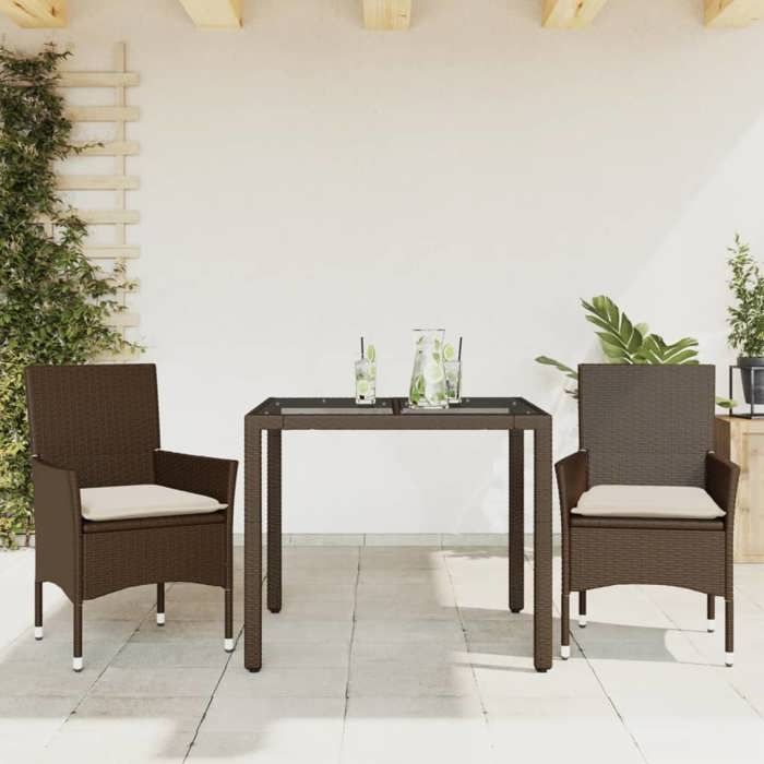 VidaXL Ensemble à manger de jardin et coussins 3pcs marron rotin verre 3278549