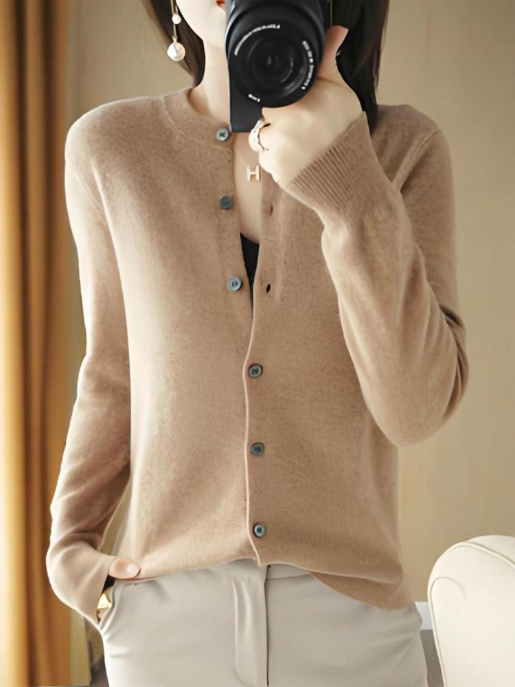 Knitted cardigan, round neck sweater, women's long-sleeved solid color all-match jacket, women's clothing