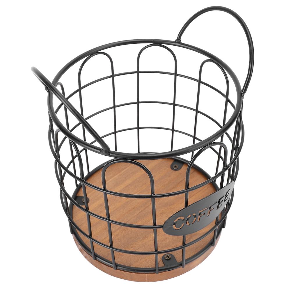Coffee Pod Holder Iron Wire Weighte Wooden Base Coffee Capsule Storage Basket for Kitchen