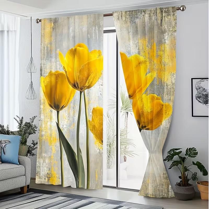 2 szt. Żółte zasłony z nadrukiem tulipanów, odpowiednie do dekoracji sypialni, salonu, kuchni, dekoracji domu, dekoracji okien