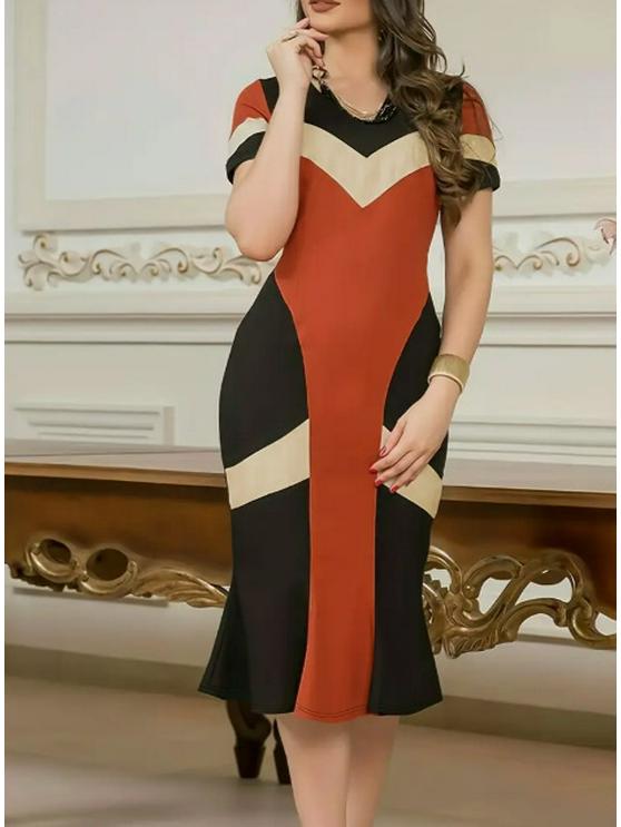 

2025 European & American Color Block Bodycon Dress for Women XL помаранчевий/червоний