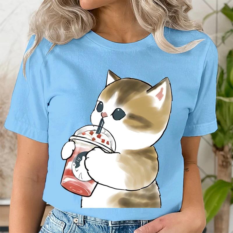 Women Boba Tea Cat Print Casual Clothes Tee Tshirt Fashion Female Tops Mujer Camisetas Ladies Anime Cartoon Graphic TShirt Tops