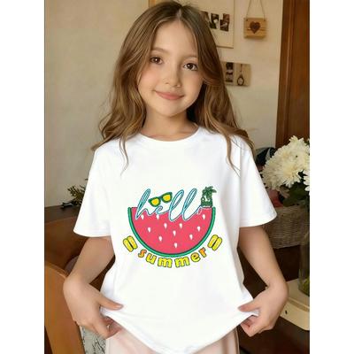 Europäische Größen Kinder Ein Sommerurlaub Wassermelone Strand bedrucktes T-Shirt, Rundhalsausschnitt kurze Ärmel, modisch und lässig, schwarz und weiß optional
