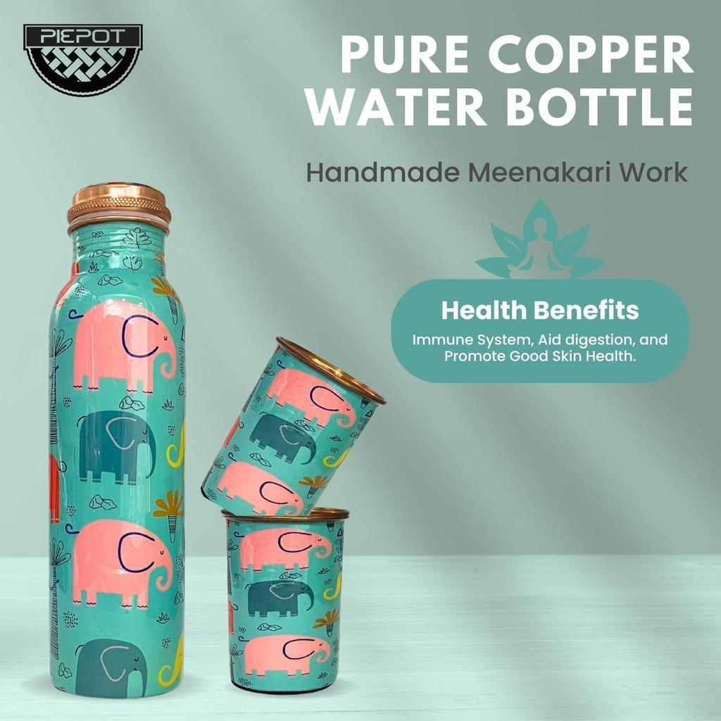 Copper Water Bottle 1 Ltr | Copper Water Bottle with Glass Set | Meena Work | 100% Pure | Leak-Proof | 2 Water Glass 300ml each