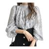 [Narebualo Cietupoop] Women's Lace Shirt, Mid-High Crew Neck, Puff Sleeves, Long Sleeve Top, Broken Flower Pattern, Plain, Openwork, Soft To the