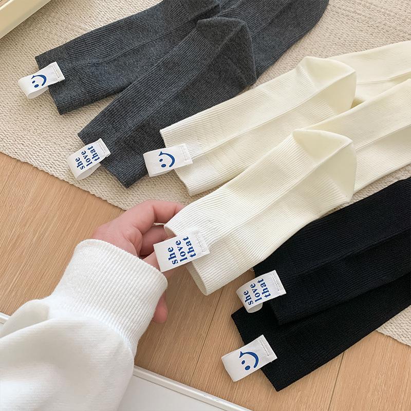 5 Pairs Spring Summer White Calf Socks Women's Tide Socks Slope Heel Smiley Fabric Label Stacked Socks Drawstring Mid Calf Socks