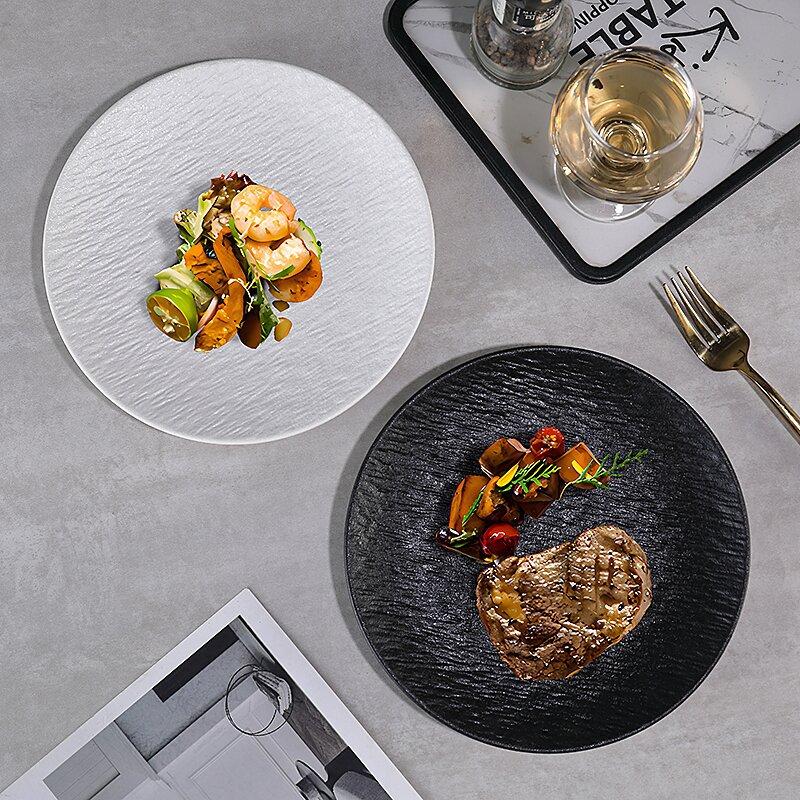 Japanese-style Black and White Stone-pattern Ceramic Plate Wear-resistant Round Steak Plate Home Dinner Cooking Plate Tableware