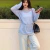 One-word Shoulder Hollow Long-sleeved Knitted Sweater Women's Early Spring Loose Outer Cover Sunscreen Blouse Slanted Shoulder Top Hollow Sunscreen