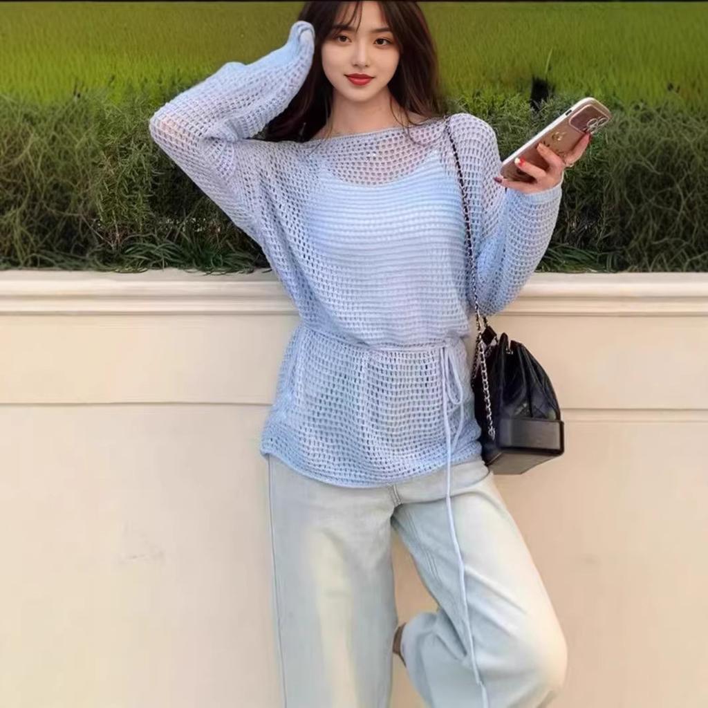 One-word Shoulder Hollow Long-sleeved Knitted Sweater Women's Early Spring Loose Outer Cover Sunscreen Blouse Slanted Shoulder Top Hollow Sunscreen