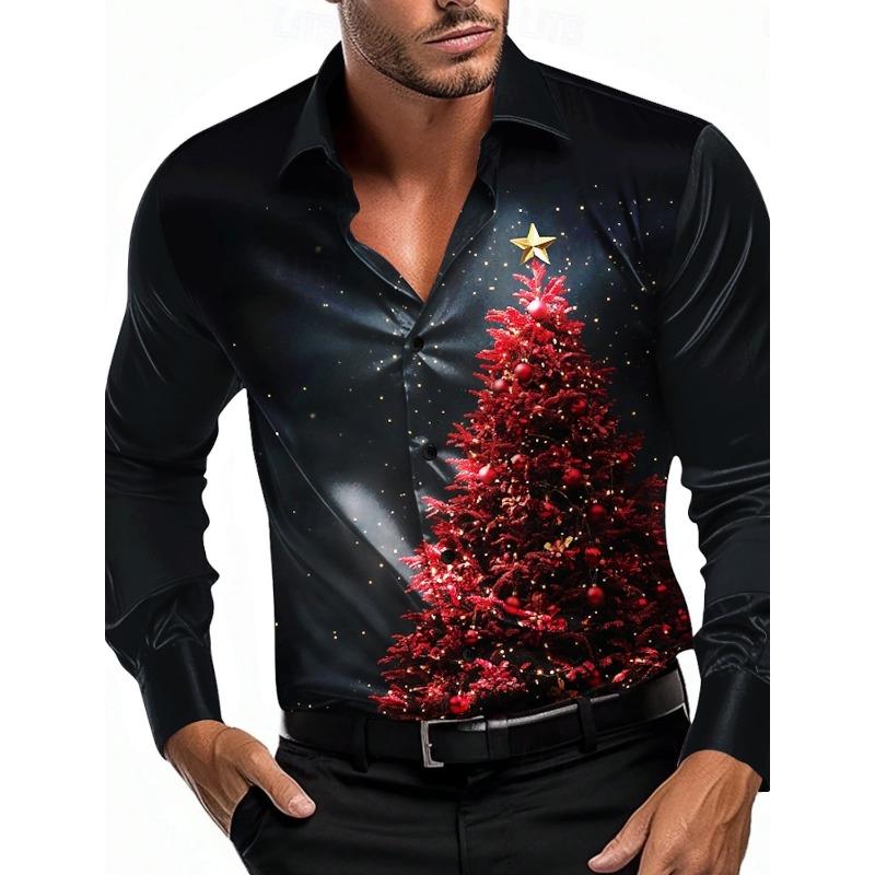 Men's 3D Printed Formal Shirts Christmas Tree Graphic Turn-Down Collar Long Sleeve Shirt Fashion Men's Shirts For Men