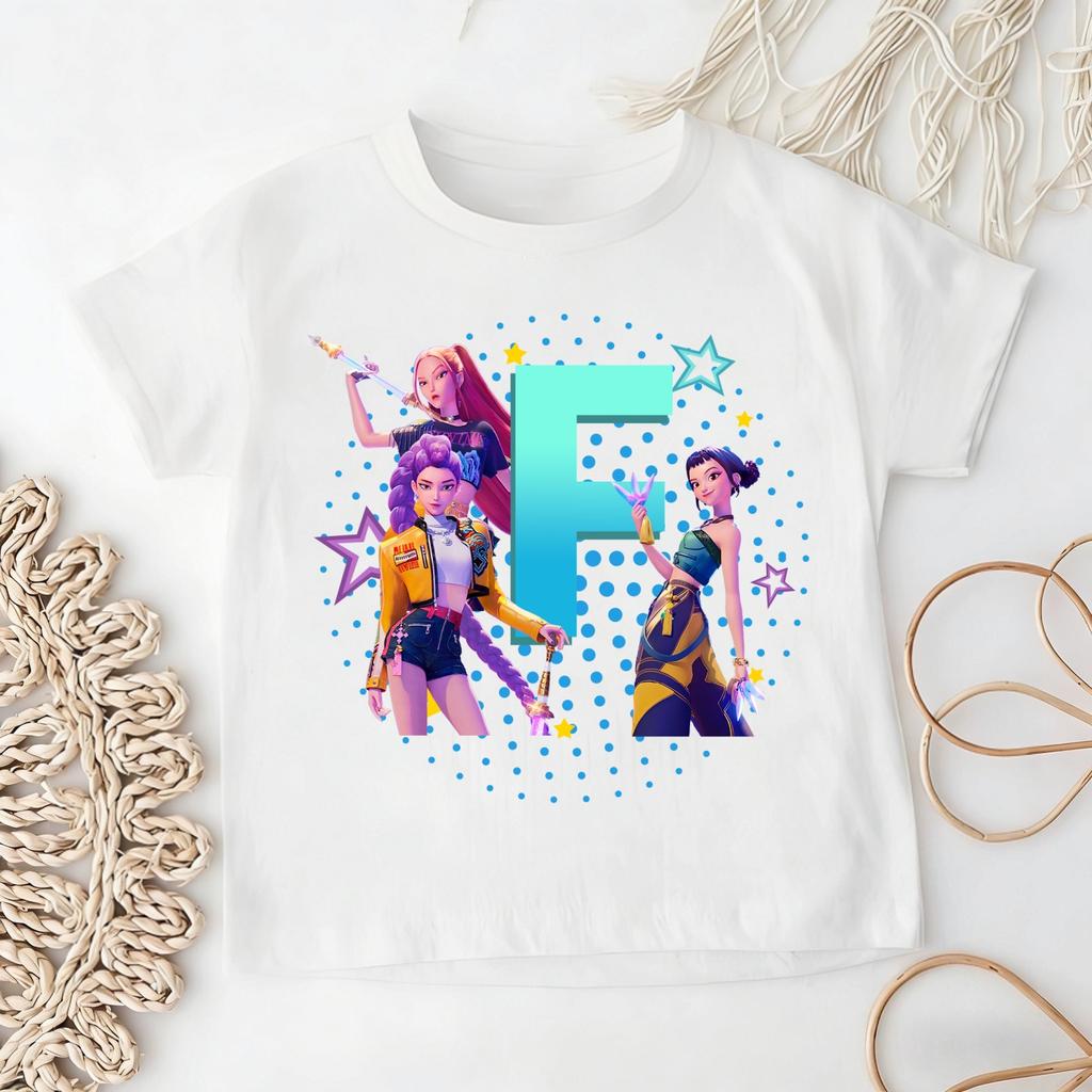 K-pop Demon Hunter Children's Cotton T-shirt for Girls - Sports Shirt - 2026 New Summer Short-Sleeved Casual Top - A-Z Letters