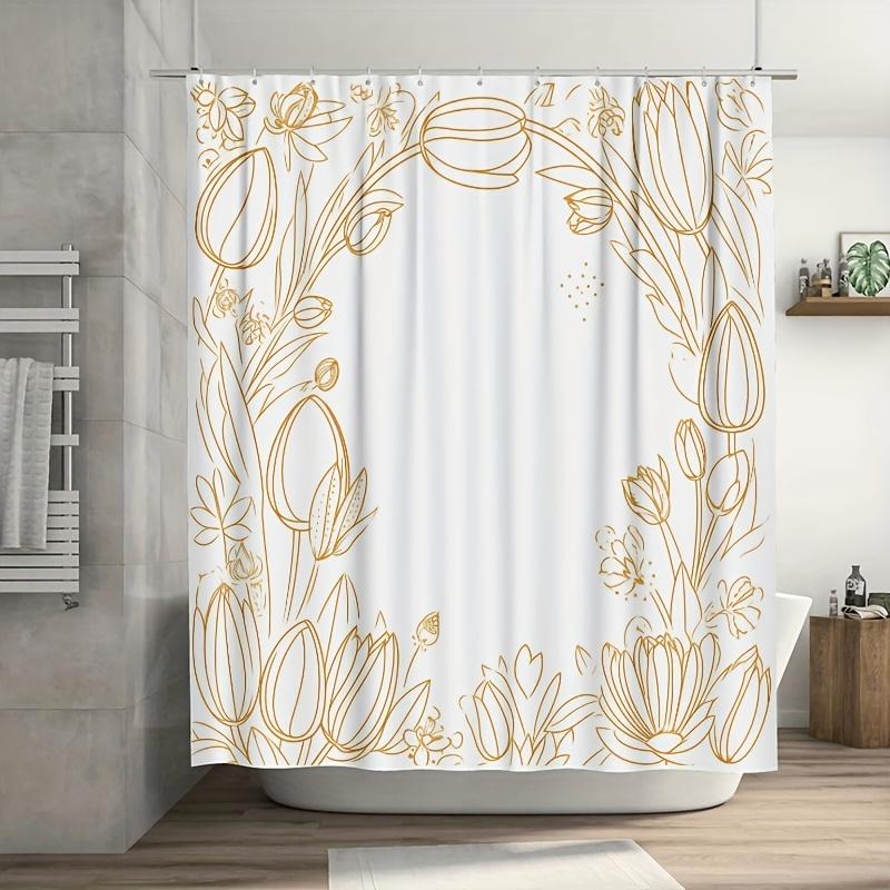 1PC Spring Easter Shower Curtain, Golden Line Art Design,Durable Polyester, Easy Clean, with Hooks, for Bathroom & Window Decor