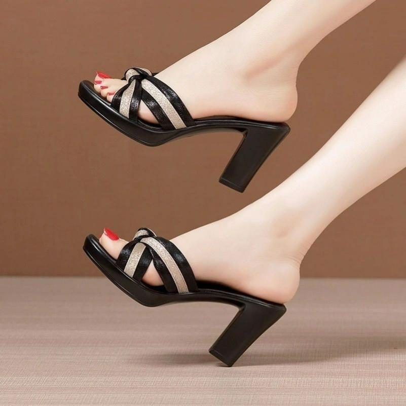 Thick-heeled Outer Wear Sandals and Slippers Women's Summer Waterproof Platform Fish Mouth One-word Sandals Fashion All-match Mid-heel Slippers