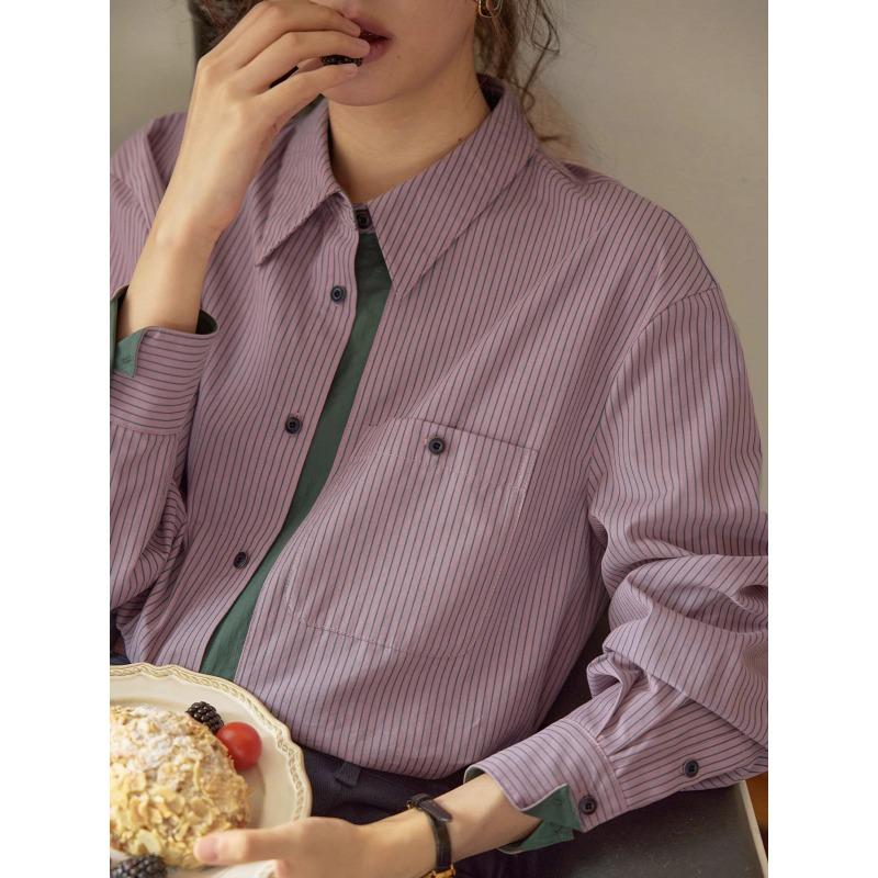French Retro Contrasting Vertical Striped Shirt Women s Spring and Autumn New Polished Long-sleeved Top S