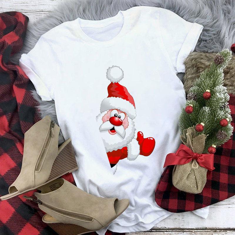 Casual Cute Cartoon Christmas Santa Graphic Female T-Shirt 90S Funny Summer Tees Loose White Blouse Short Sleeve O-Neck Crop Top
