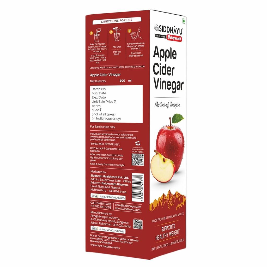 Baidyanath Asli Ayurved Apple Cider Vinegar 500ml Raw Unfiltered Mother For Daily Wellness