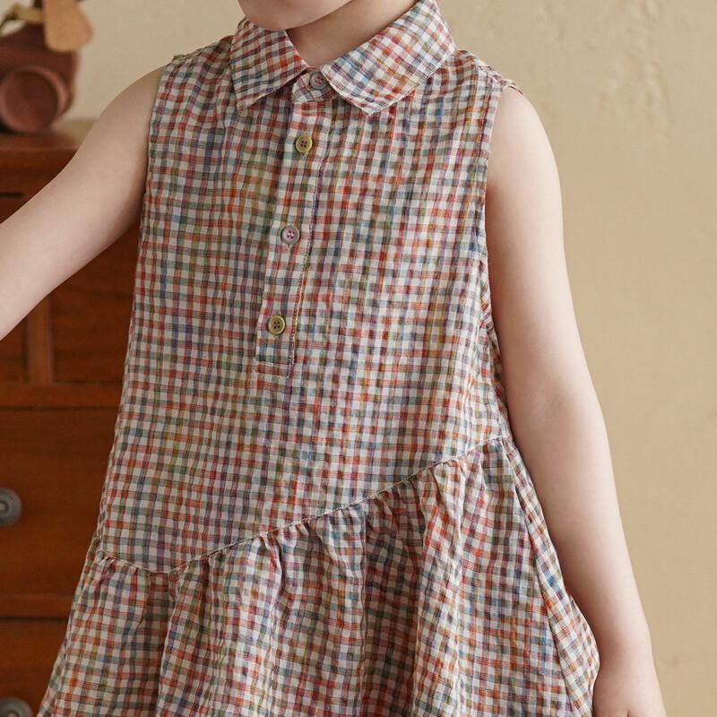Girl's Summer Linen Plaid Sleeveless Dress