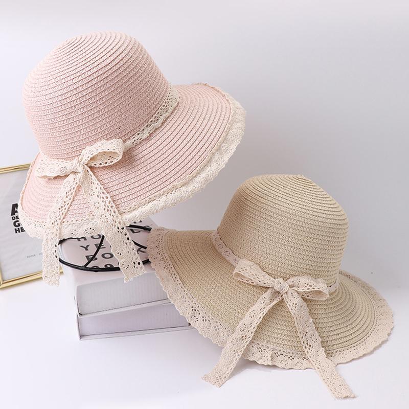 Solid Color Straw Hat for Women Fashion Lace Bow Wide Brim Travel Beach Sunshade Fisherman Cap Girls Outdoor Dome Basin Hat
