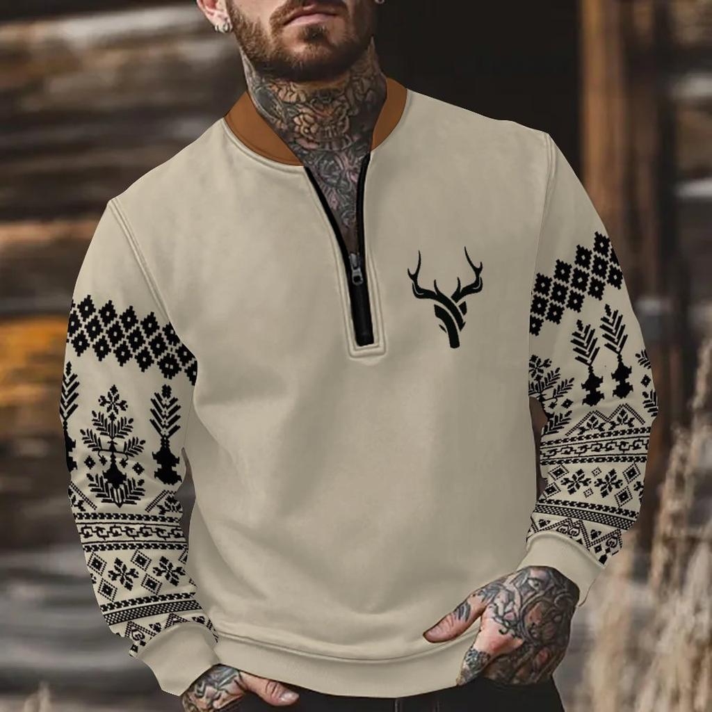 Retro High Street Half-Zip Pullover Stand Collar Oversized Casual Printed Men's Sweatshirt