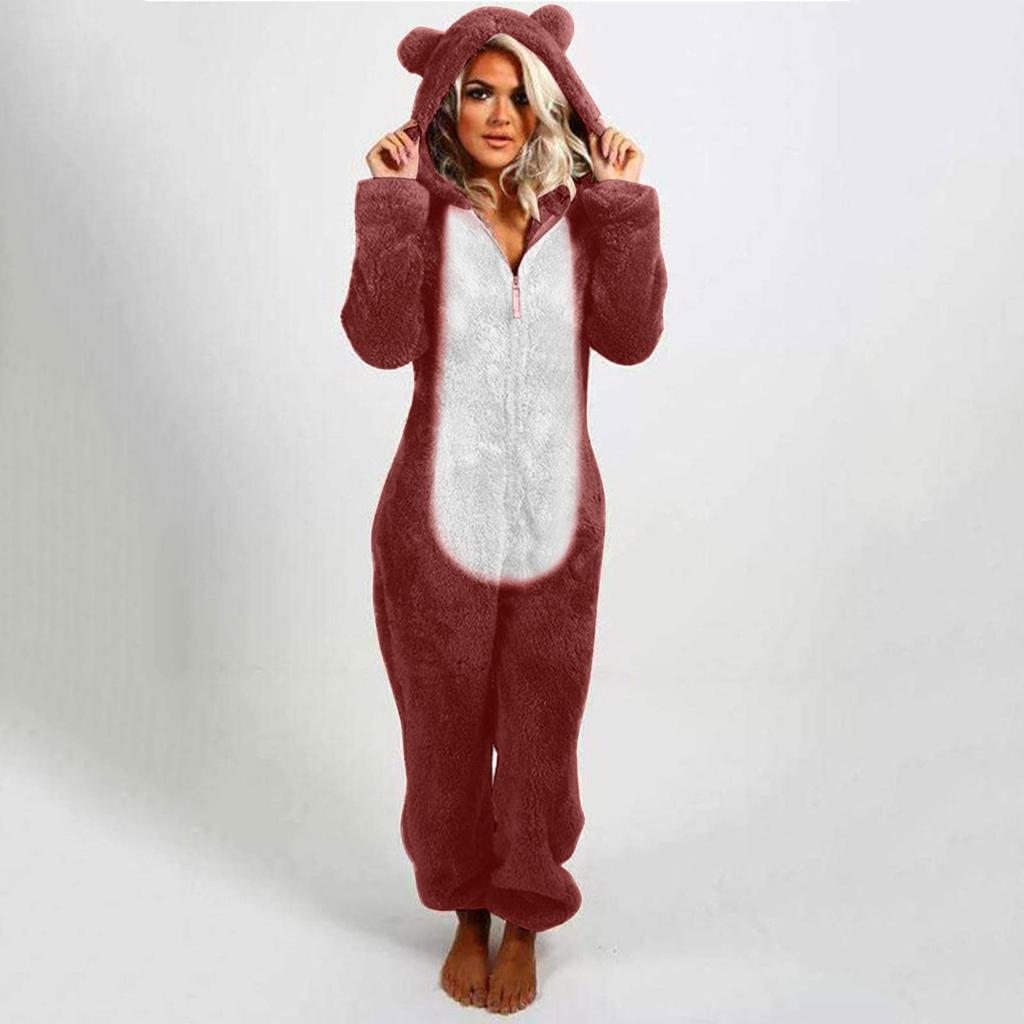 Women's Fashion Fleece-Lined Thickened Fleece Hooded Pyjamas With Zip-Up Onesie