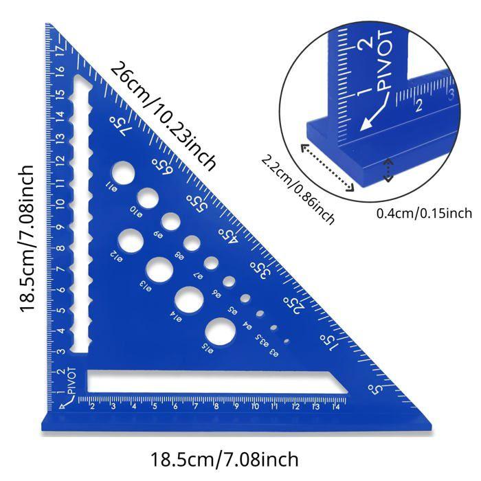 Équerre menuisier 18 cm (7") alliage aluminium bleu - règle triangle haute précision