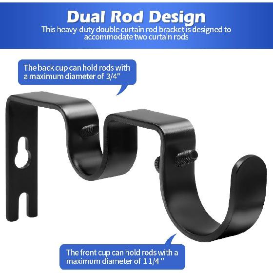 Creatyi Heavy Duty Double Curtain Rod Bracket Double Rod Holders for 1 1/4 Inch and 3/4 Inch Rod (2 PCS, Black)