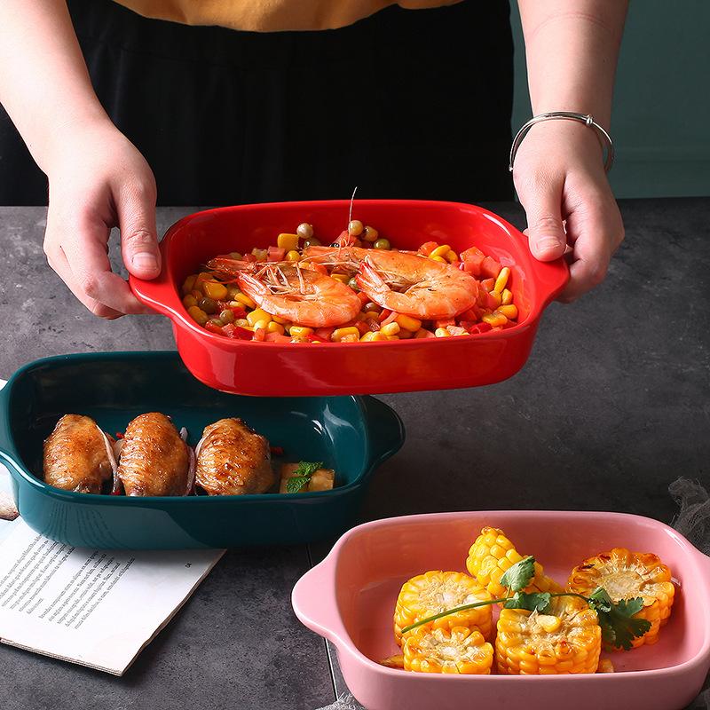 Cheese Baked Rice Plate Creative Ceramic Baking Pan Baking Binaural Plate Vegetable Plate Microwave Oven Cutlery Household Baking Bowl