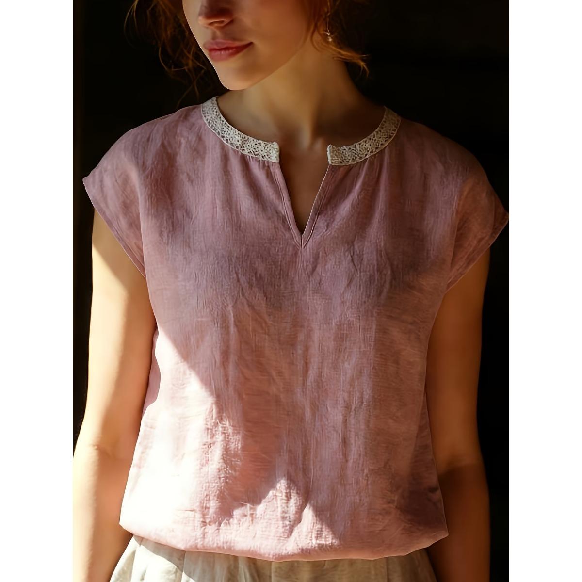 

Spring Summer Women s Fashion Sheer Round Neck Short Sleeve Top with Lace Trim, European & American Style Crossborder Women s Clothing XXL рожевий