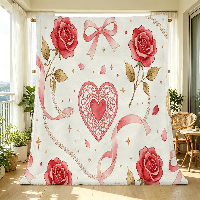 Lightweight Floral Heart Flannel Throw Blanket Super Soft, Skin-friendly, Cozy Warm Blanket for Home Relax, Perfect Valentine's Day Gift
