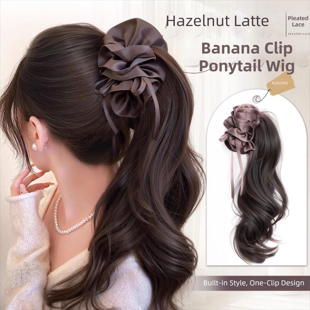 Synthetic Ribbon Banana Clip Ponytail Pleated Bow Pony Tail Hair piece  for Women