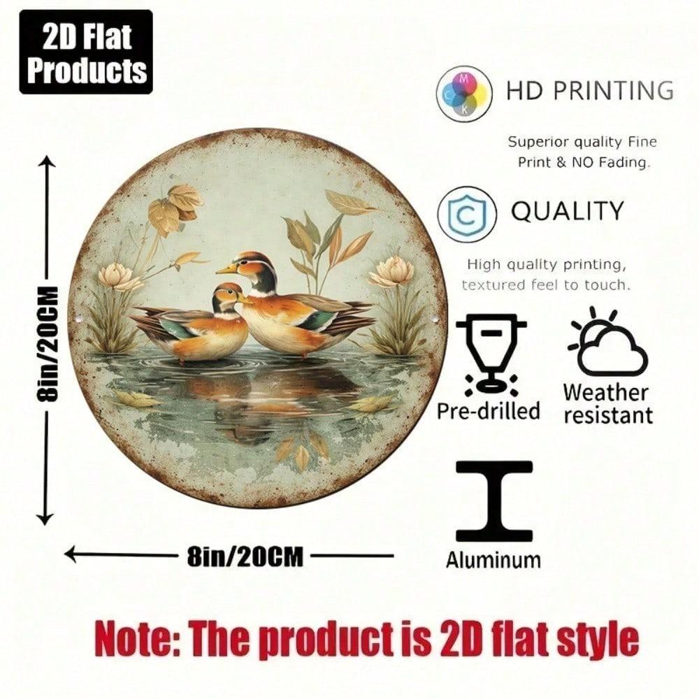 1pc 8x8in Retro Mandarin Duck Sign, Cute Waterfowl 2D Flat Round Plaque, Farmhouse Decor for Living Room Bedroom, Unique Home