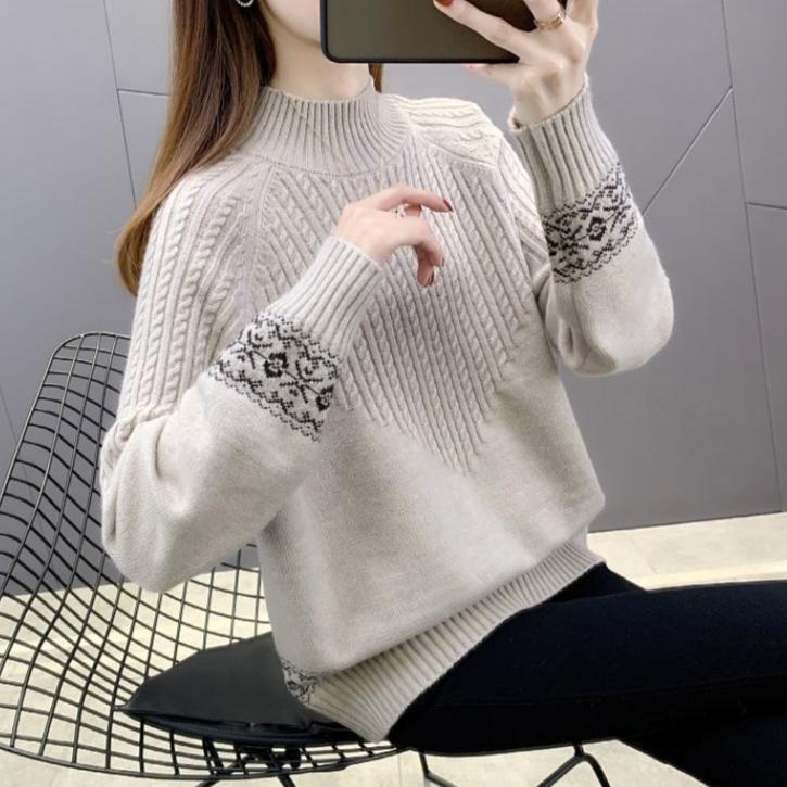 Autumn Winter Women's Half Turtleneck Sweater Loose Thick Pullover Knitted Top Jacquard Elastic Knitted Top Jumper.