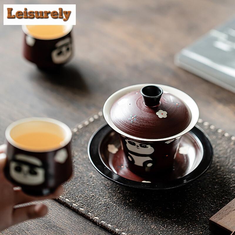Elegant Pink Hawthorn Red Gaiwan Hand Painted Panda Cover Bowl 1 Bowl 2 Cups Tea Maker Portable Travel Colth Bag Kung Fu Tea Set