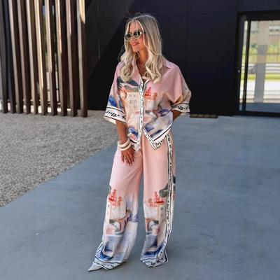 Women's Short Sleeve Print Shirt and Wide Leg Pants Set Pink Artistic Pattern Two Piece Outfit