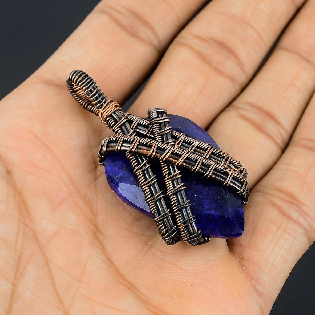 Blue Sapphire Pendant, Handmade Gemstone Pendant, 999 Copper Wire Wrapped Pendant Antique Jewelry, For Engagement Gift