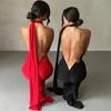 Slanted Shoulder Slim Fit Backless Hollowed Out Suspender Long Dress