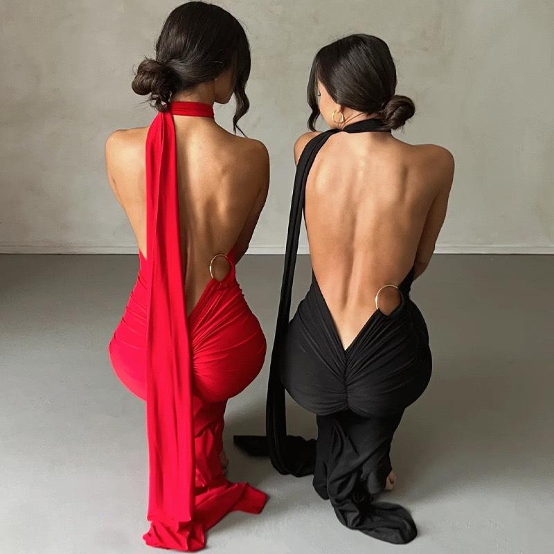 Slanted Shoulder Slim Fit Backless Hollowed Out Suspender Long Dress