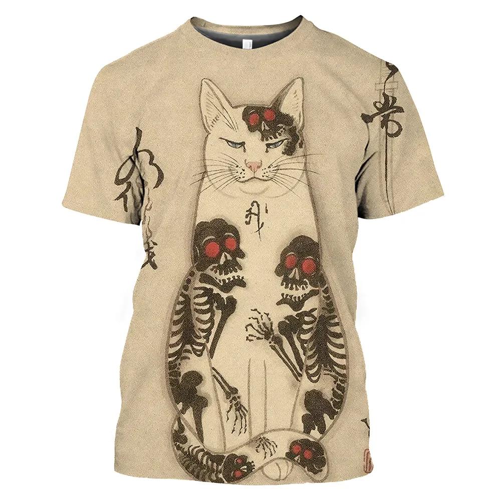 New Vintage T Shirt Men Japanese Style Short Sleeve Tops 3D Cat Tattoo Print O-neck T-shirts Oversized Tee Shirt Men Clothing