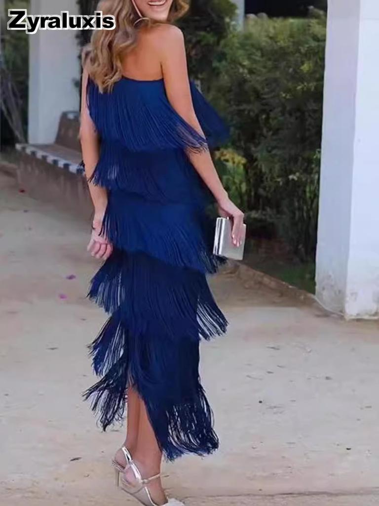 Fashion Fringe Asymmetric One-Shoulder Dress Spring Summer New Arrival