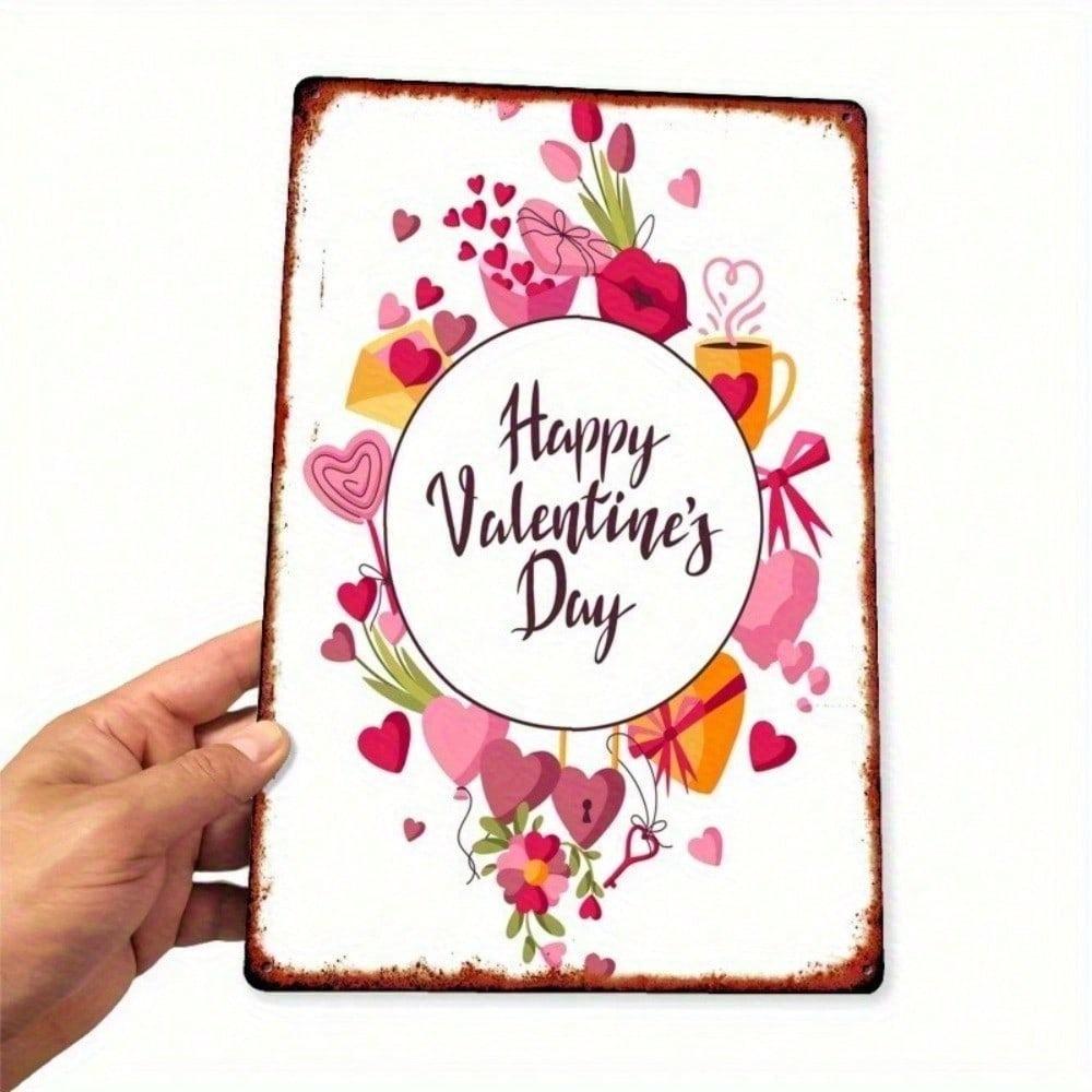 1pc 8x12in Pink Red Flower Heart Metal Sign Vintage Wall Art Home Decor